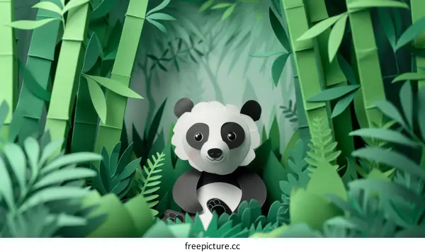 A cute cartoon panda sits in a bamboo forest