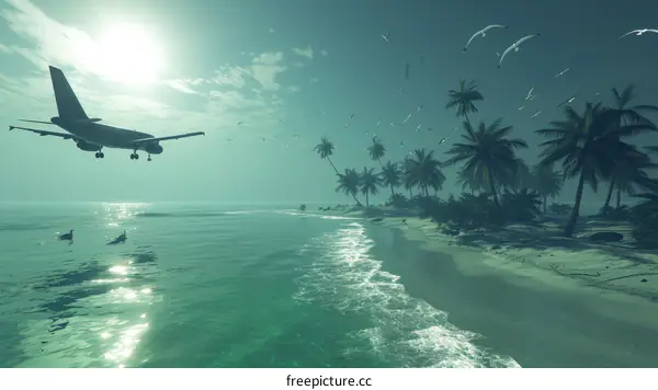 Airplane landing on tropical island with palm trees and birds flying in sky