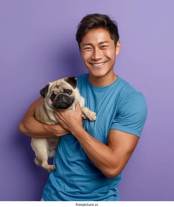 Asian man with a pug dog smiling at the camera