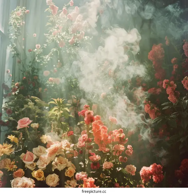 Flowers in a greenhouse with smoke