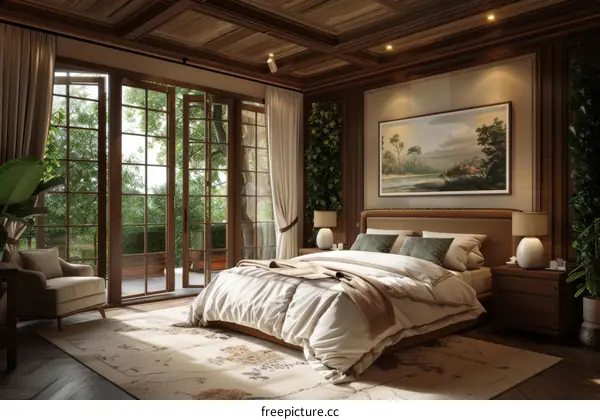 Wooden Bedroom with Lush Garden View Illustration