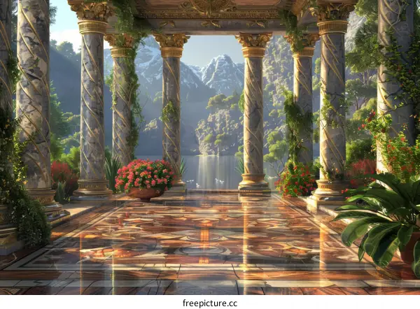 Fantasy Landscape: Marble Terrace Overlooking Lake and Mountains
