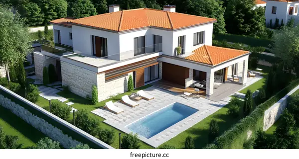 Modern Two Story House with Swimming Pool and Backyard