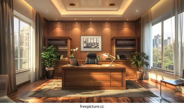 Luxury home office interior with large windows and wooden furniture