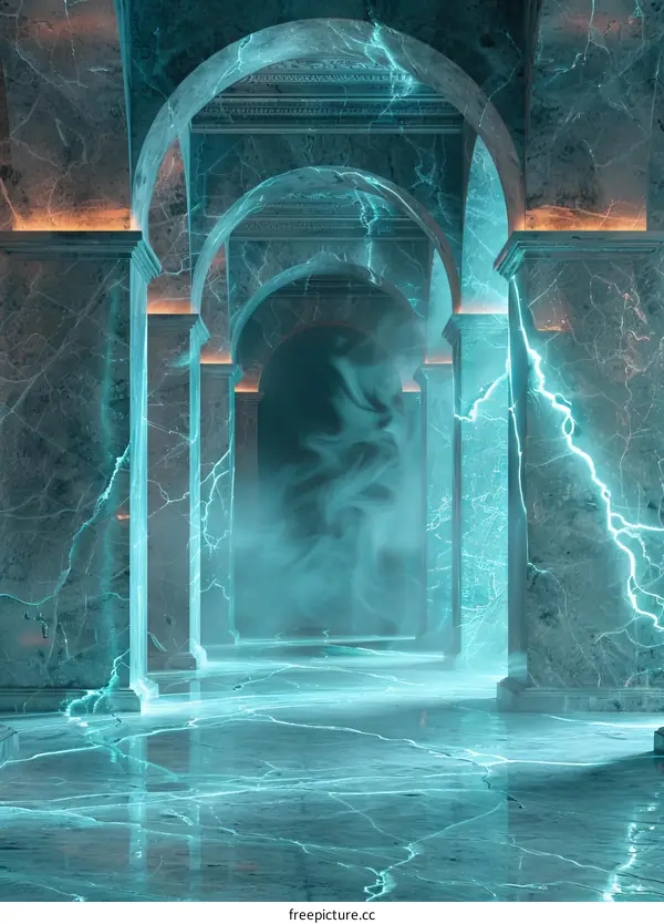 Futuristic Sci-Fi Corridor with Archways, Pillars and Blue Neon Lights