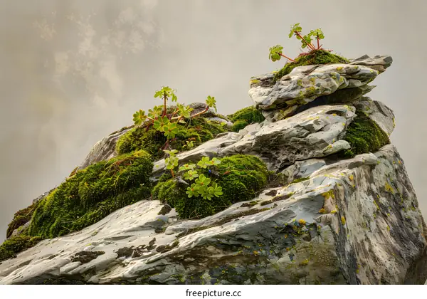Green Plants Growing on Grey Rocks in the Mountain