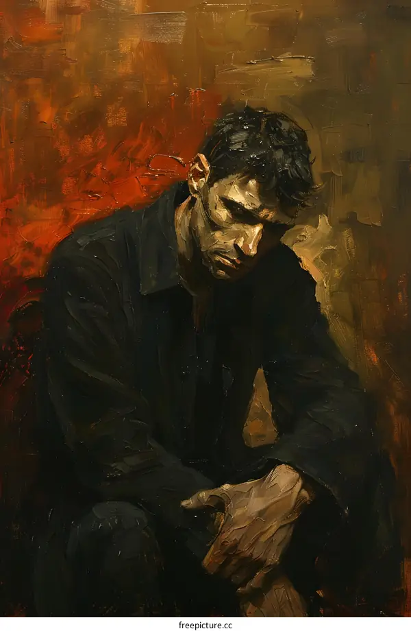 A Man in Deep Thought Depicted in Oil Painting