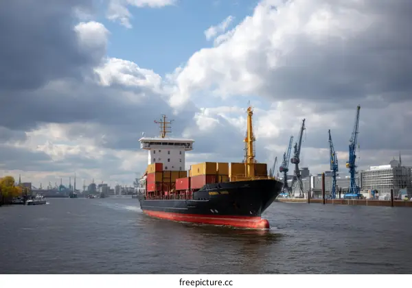 Container Ship Navigating a Port