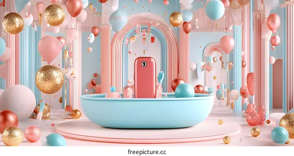 Pink and Blue Balloon Dreamland with Bath Tub and Red Phone