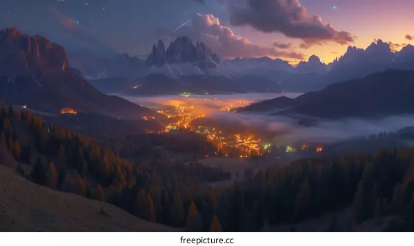 Night view of a valley in the mountains with a starry sky and a meteor shower