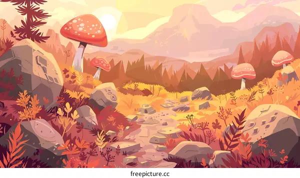 Autumn Forest Landscape with Mushrooms and Mountains