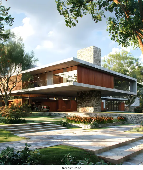 Modern house exterior with natural landscape