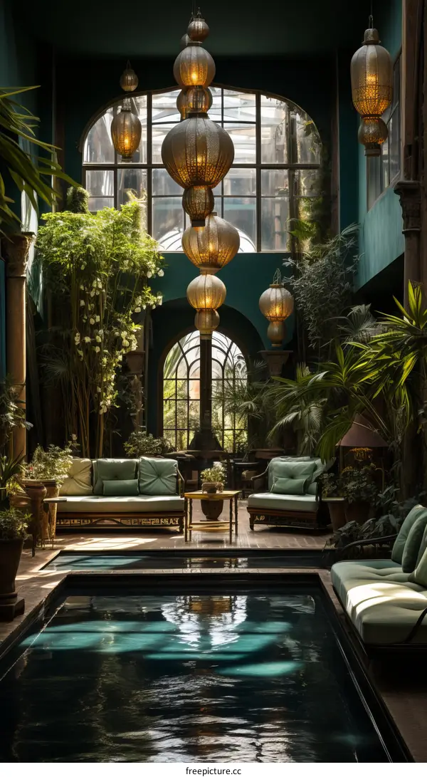 Moroccan Oasis: Indoor Garden with Pool & Lanterns