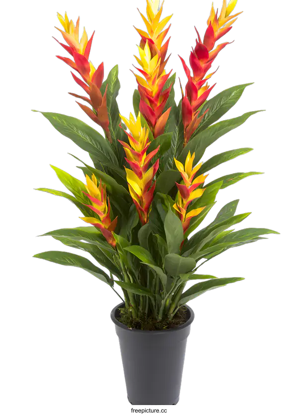 [Transparent Background PNG]Red and Yellow Heliconia Plant in a Black Pot