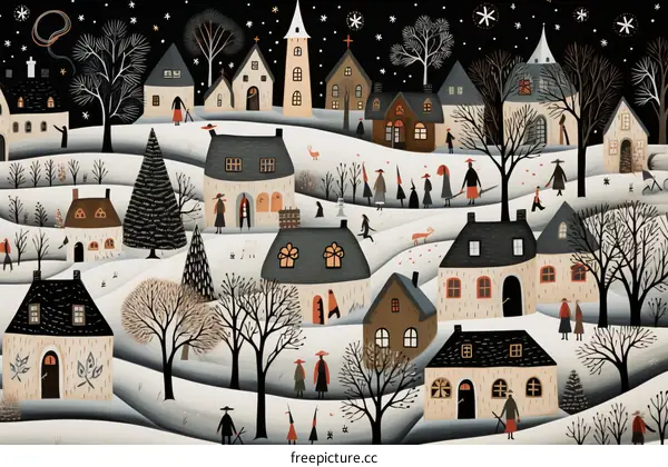 Snowy Village at Night