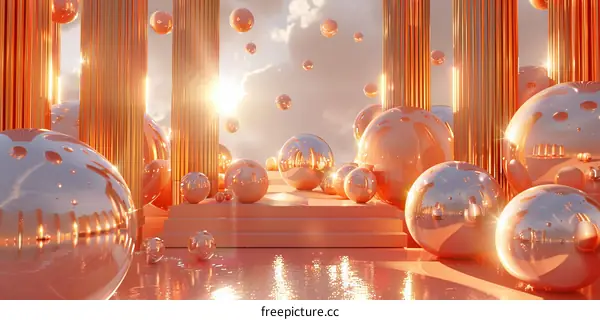 Golden Columns and Mirrored Balls 3D Scene