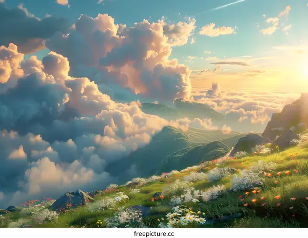 The vast mountains are shrouded in clouds and mist, and the colorful flowers are in full bloom.
