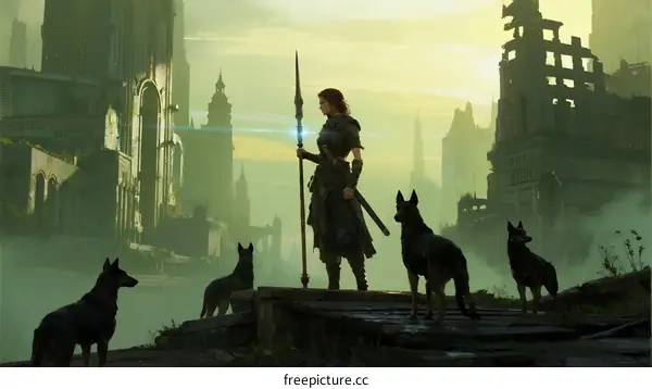 Female warrior stands with dogs in post-apocalyptic city