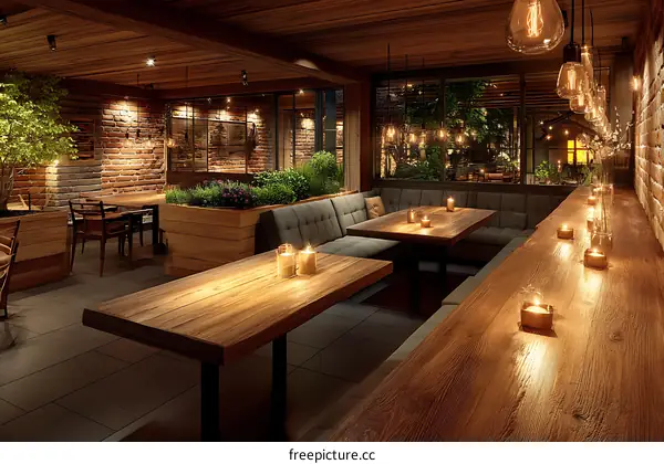 Rustic Restaurant Interior Design with Wooden Tables