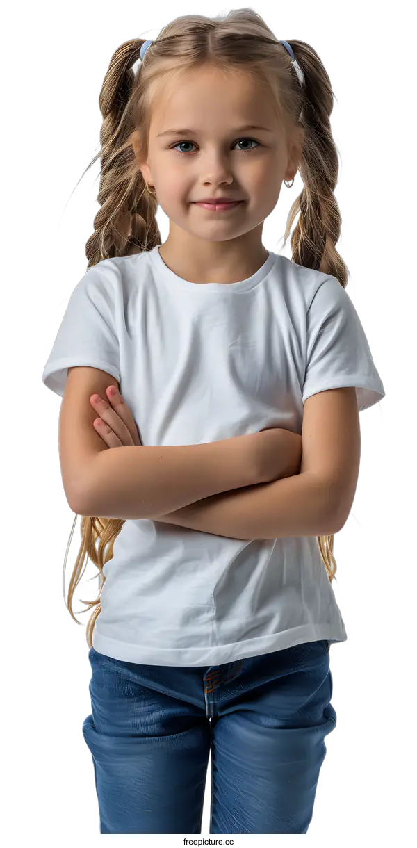 [Transparent Background PNG]Portrait of a blonde girl in a white t-shirt and blue jeans