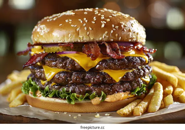 Delicious Bacon Cheeseburger with Fries