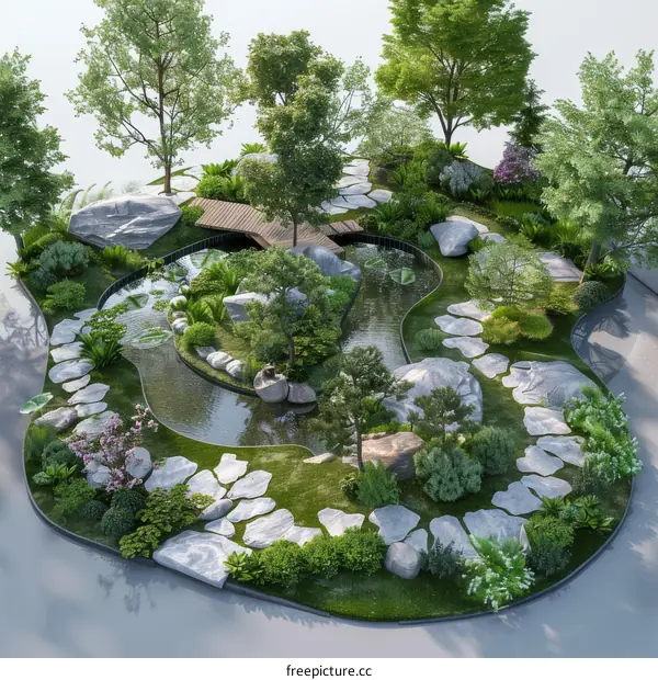 Japanese Zen garden with a pond, trees, and a stone path