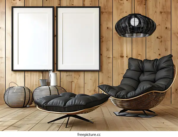 Modern Interior Design with Black Leather Chair and Wooden Wall