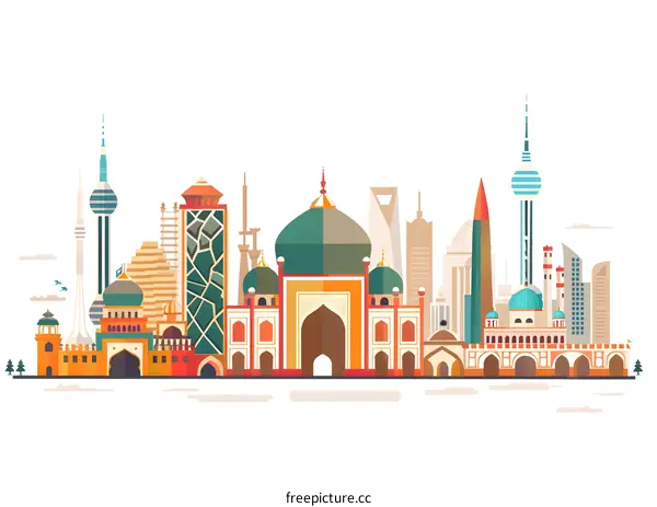 Flat Design Cityscape Illustration of Kuwait City Skyline