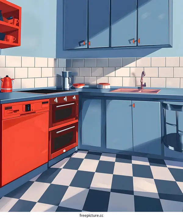 Red and Blue Kitchen Illustration