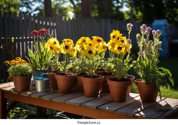 An arrangement of potted plants on a wooden table in a backyard