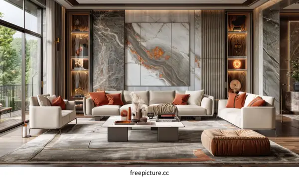 Modern luxury living room interior design with marble wall