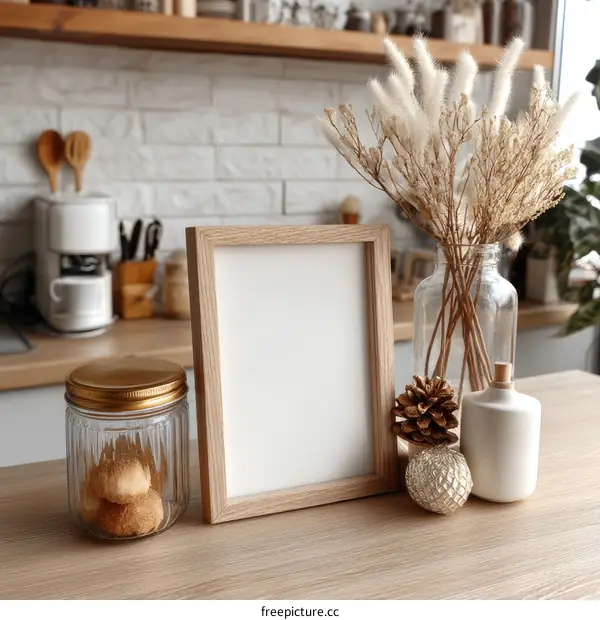 Empty Picture Frame with Dried Flowers and Decor on Wooden Table