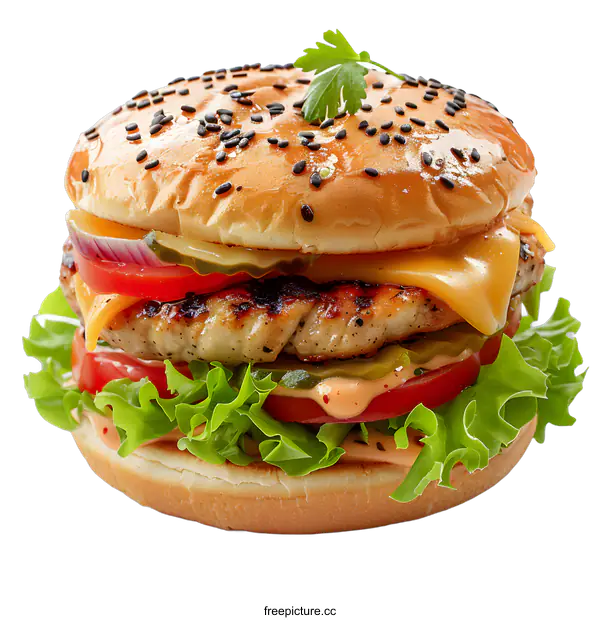 [Transparent Background PNG]A delicious chicken burger with cheese, tomato, onion, and lettuce.