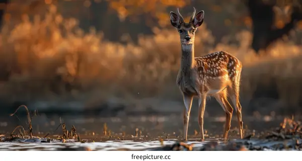 A young deer stands in the water at the edge of a forest