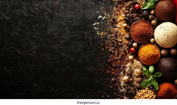 Colorful Spices and Herbs on Dark Background