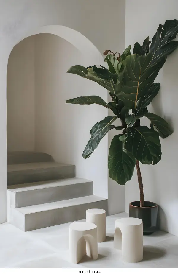 Modern Minimalist Home Interior Design with Archway and Concrete Stairs