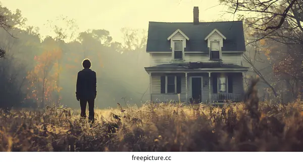 Silhouette of a Person Standing in Front of an Old House in the Fog