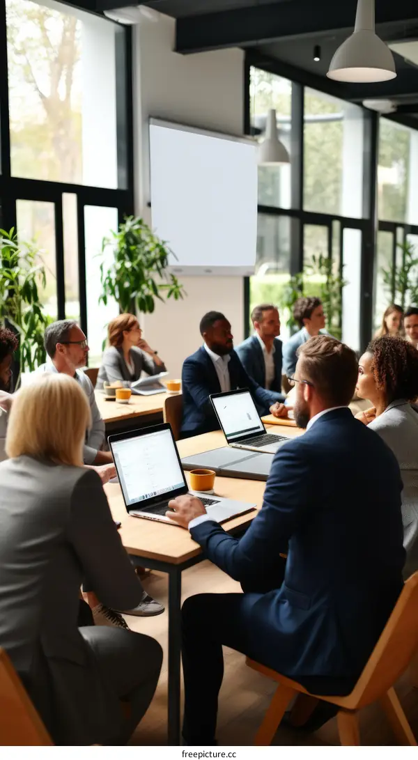 A group of people are sitting around a table having a meeting.