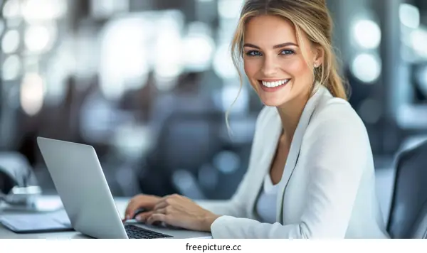 Smiling Businesswoman Working on Laptop
