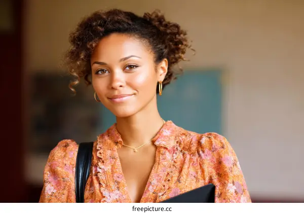 Portrait of a Young Woman in a Floral Print Dress