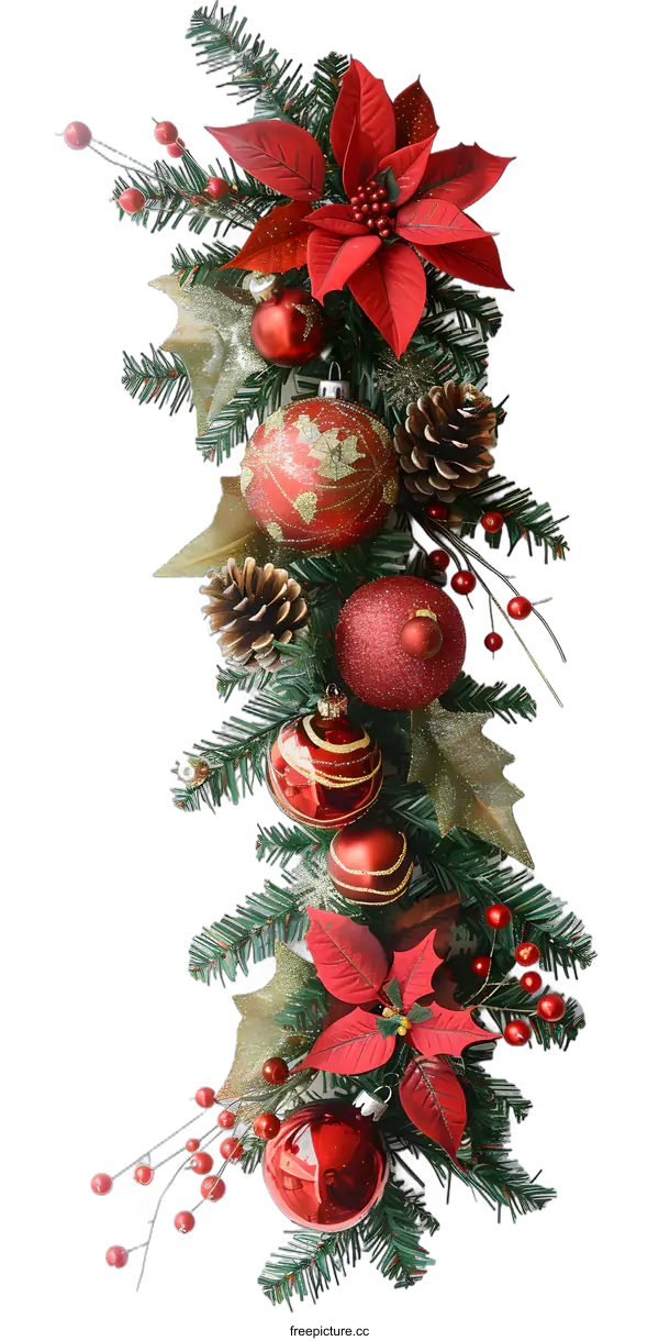 [Transparent Background PNG]Christmas Garland Decoration with Red Ornaments, Pine Cones, and Poinsettia