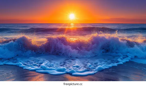 Beautiful sunset over the ocean with a big wave crashing on the shore