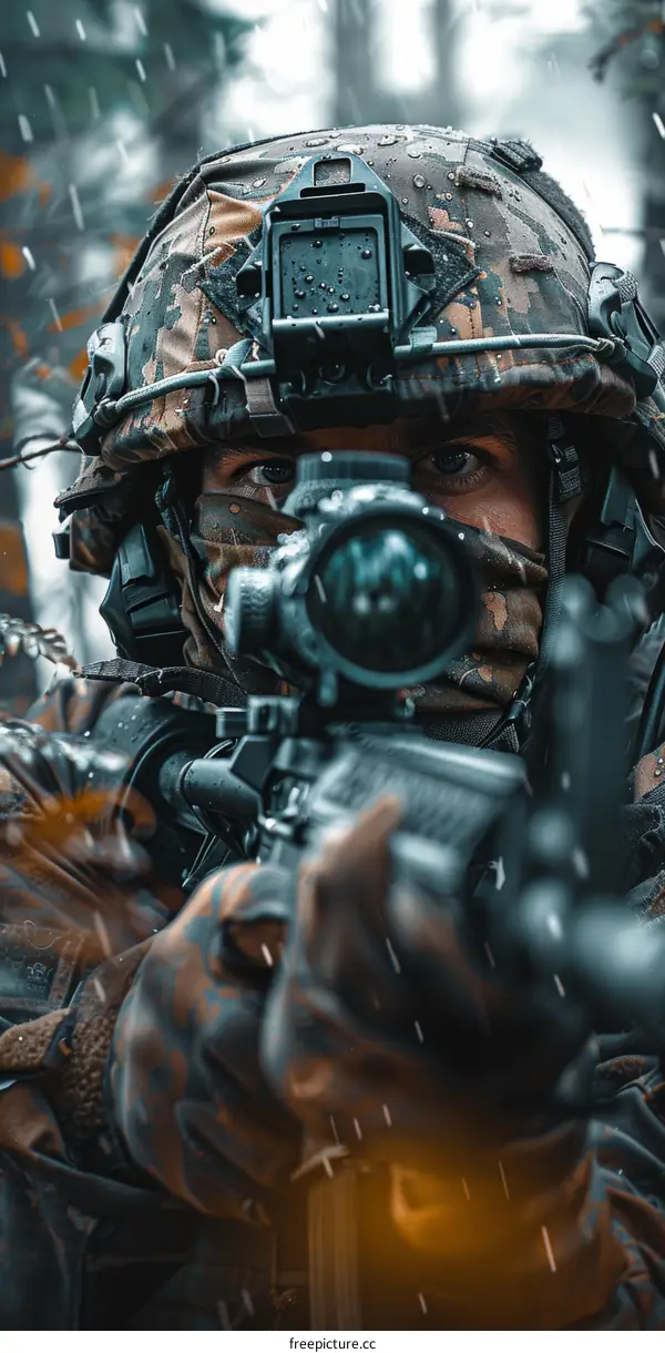 Soldier in Ghillie suit aiming his rifle