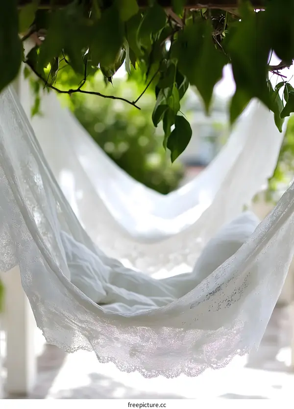 White Hammock Hanging Under Green Leaves