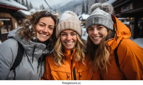 Three young women posing for a photo in the snow