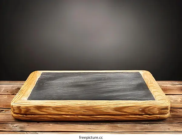 Blackboard on Wooden Table with Gray Background