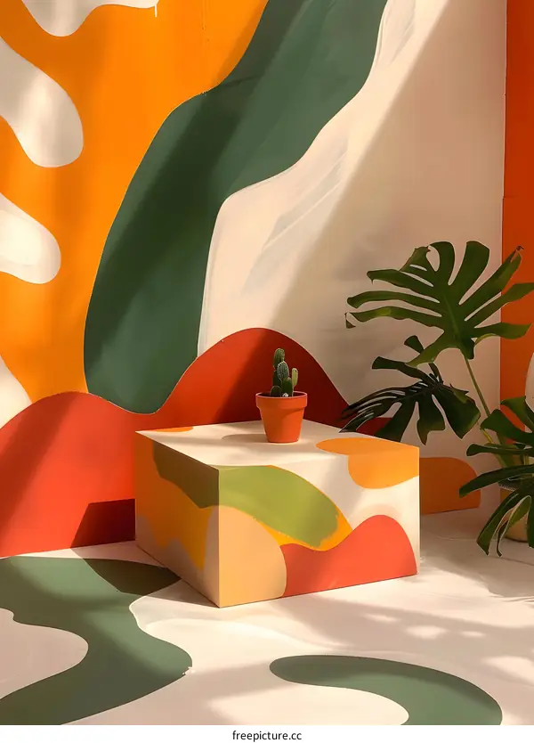 Abstract Green Orange and Red Wall with Plant