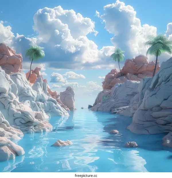 Pastel Paradise Waterway Landscape Illustration