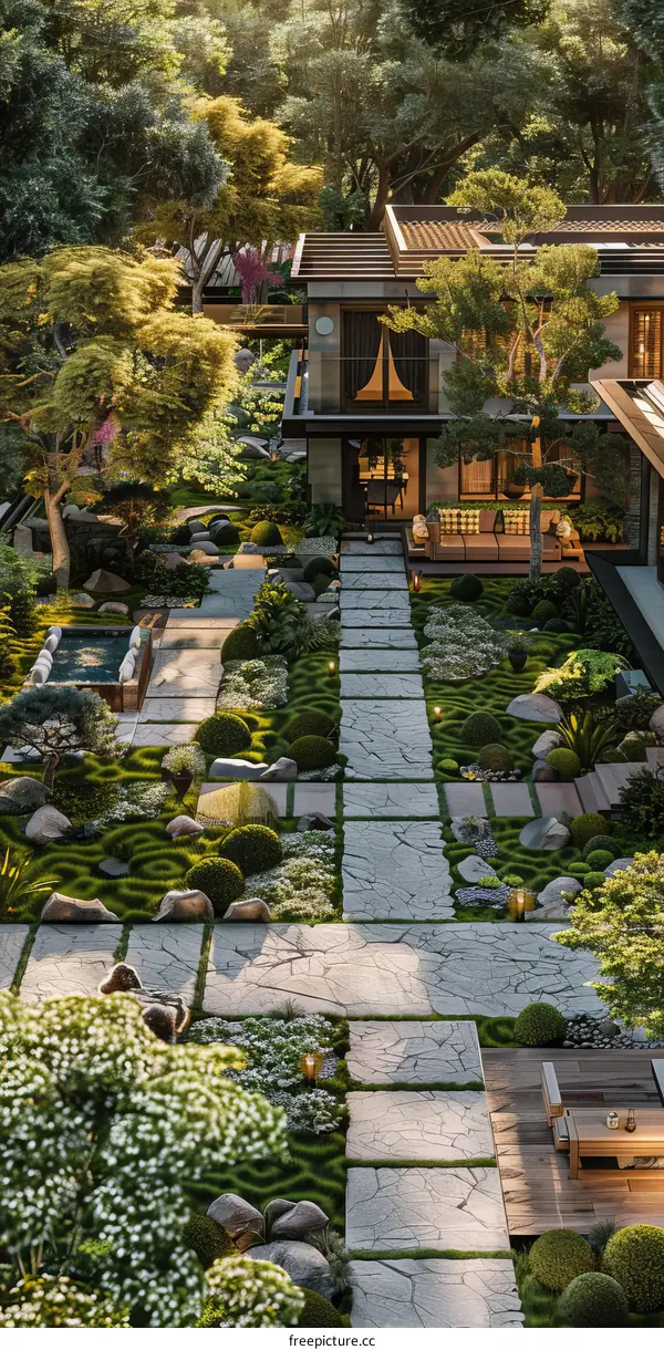 Courtyard with a Zen garden and a contemporary house