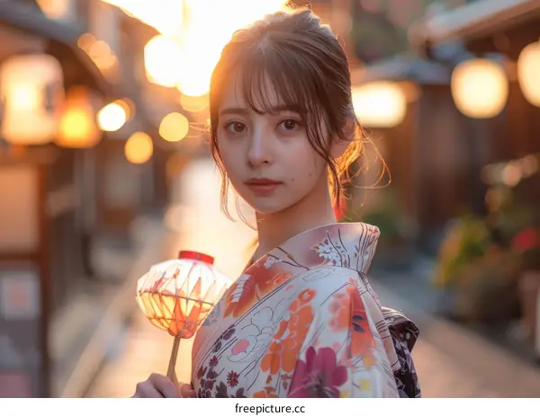 Japanese Woman in Traditional Kimono in a Street Scene